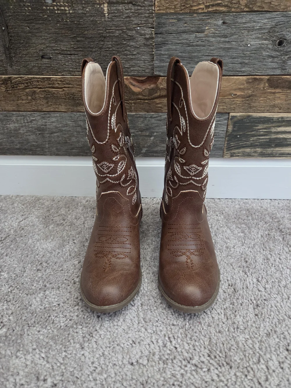 Girls' Brown Embroidered Western Zip-Style Cowgirl Boots US Size 12